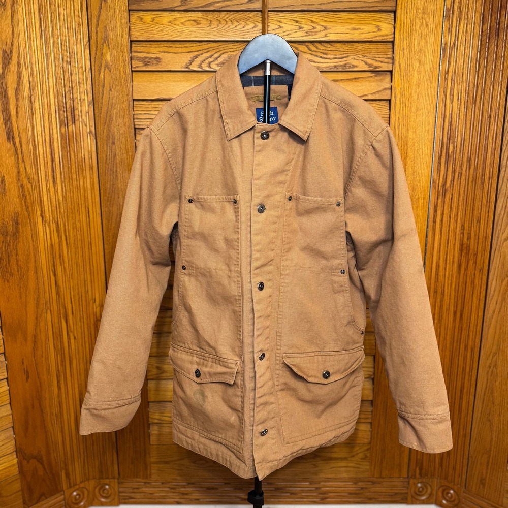 High Sierra Mens Tan Canvas Field Jacket Plaid Lined Workwear Chore Coat Size L